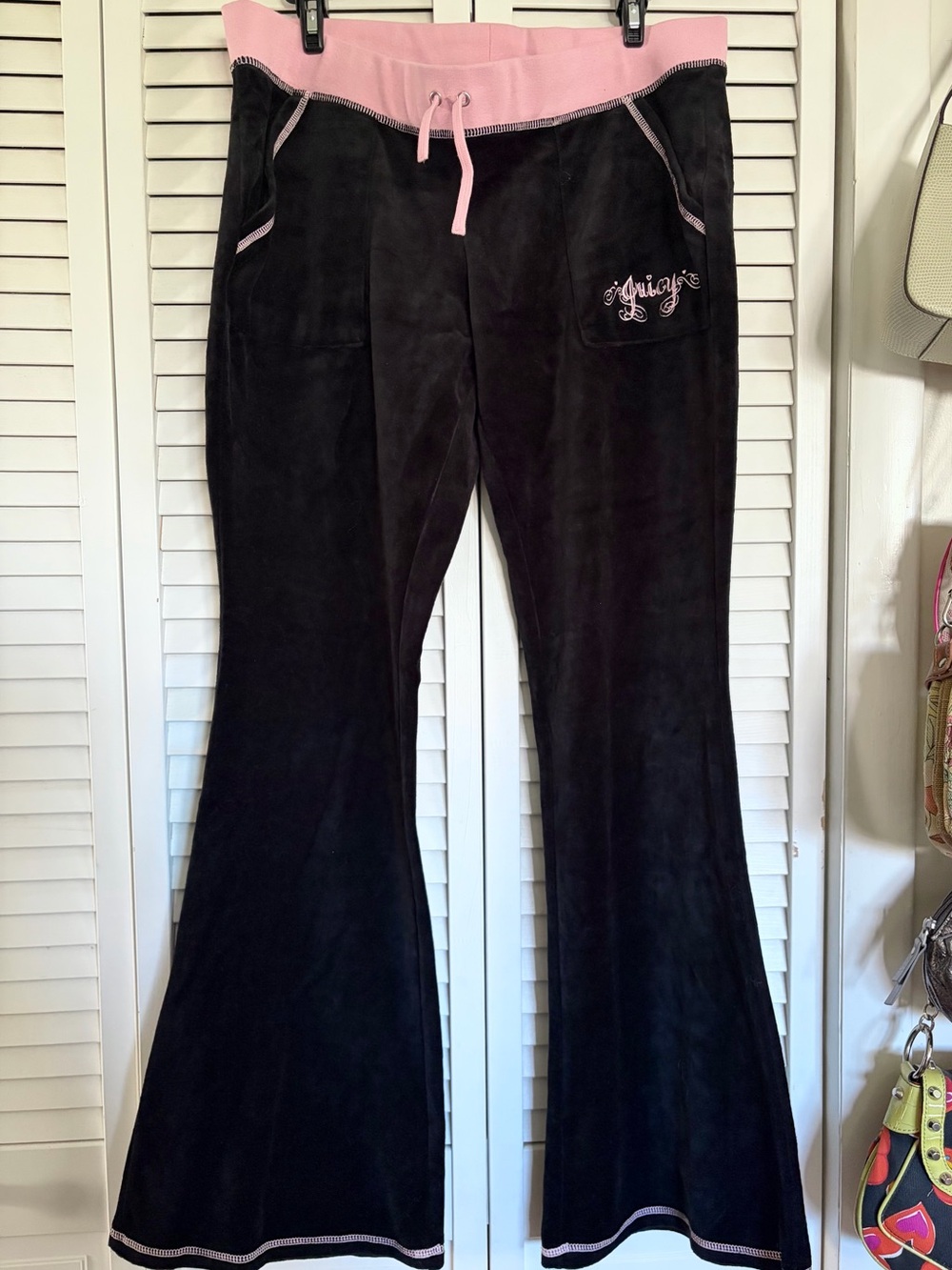 Juicy Couture Black Velour Flared Track Pants with Pink Trim